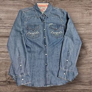 Affliction Women's L Black Premium Denim Western Pearl Snap Cowboy